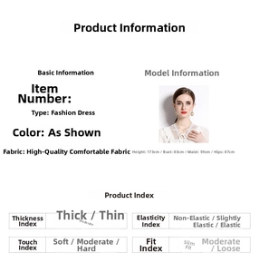 Detail der weißen Spitzenkleid-Stoffdaten und Model-Passformguide mit Größentabelle