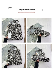 Detail view of leopard print canvas tote bag with phone for size comparison
