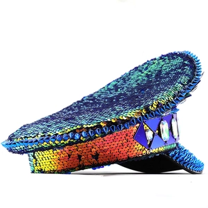 Klein blue punk captain hat with gradient sequins, studs, and crystals for festival parties