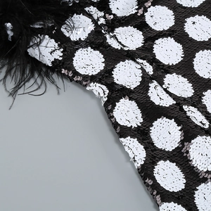 Macro shot of black and white sequins with luxury ostrich feather trim detailing
