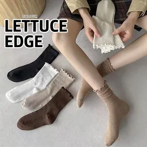 Women Mid-Calf Crew Socks Ruffle Trim Ribbed Knit Solid Color Polyester Breathable Soft Japanese JK Style Casual Fashion