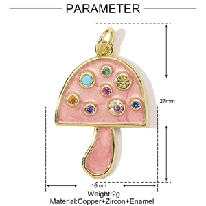 Macro detail of a pink mushroom pendant with colorful zircon stones and 27mm height dimensions