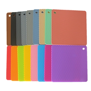 Square honeycomb silicone placemats in multiple colors with hanging hole for kitchen