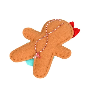 Brown felt gingerbread man Christmas tree ornament with red bow and sewing details