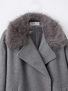Close-up of elegant grey wool coat with plush faux fur collar and designer label detail