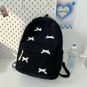 Japanese style black corduroy backpack for women with white silk bows and large pockets