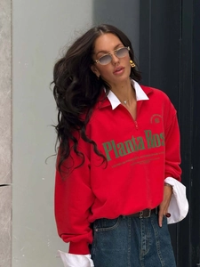 Women Half Zip Sweatshirt Cotton Letter Print Lapel Loose Pullover Streetwear Red