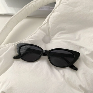 Detailed close-up of retro black cat-eye sunglasses on a white textured background