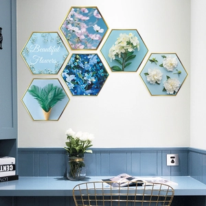 Set of six hexagonal wall stickers featuring fresh green plants and golden frames