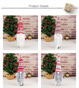 Detail showing four styles of knitted gnome wine bottle covers in red and grey colors