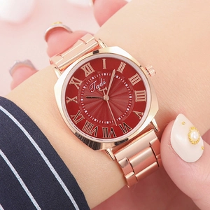 Elegant ladies quartz watch with rose gold metal band and sunburst red Roman dial