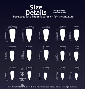 Size chart for long pointed almond press-on nails showing 15 sizes in mm dimensions