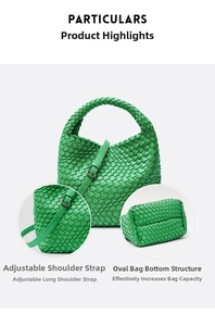 Detail of green woven hobo bag showing adjustable strap and oval reinforced base