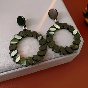 Geometric Acrylic Large Hoop Earrings With Silver Earring Post Bohemian Green Black Vintage Splicing Jewelry For Women