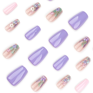Pastel lavender and pink 3D floral short ballet coffin press-on nails set