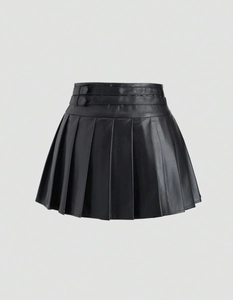 Detail shot of black PU leather pleated skirt featuring stylish double-buckle waist straps