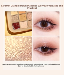 Detailed macro shots of 20-color warm caramel eyeshadow palette with matte and shimmer textures
