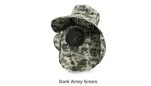 Detail of dark army green camo sun hat with breathable black mesh face mask and neck flap