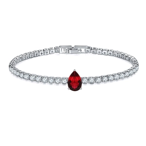 Detail of silver tennis bracelet with a red pear-cut stone and round zircon settings