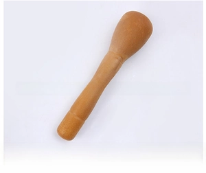 Close-up of a polished wooden pestle with natural grain and ergonomic handle design