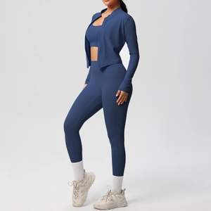 Completo yoga blu navy 3 pezzi con giacca slim con fori per i pollici e leggings a vita alta