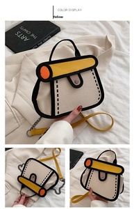 Detail view of 2D cartoon style yellow canvas bag with bold black piping and chain strap