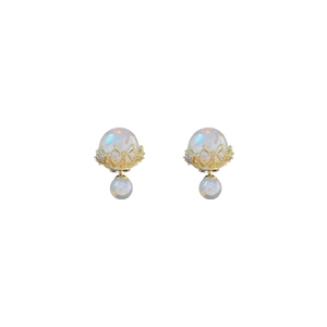 Elegant gold plated stud earrings with faux pearls and sparkling crown diamond accents