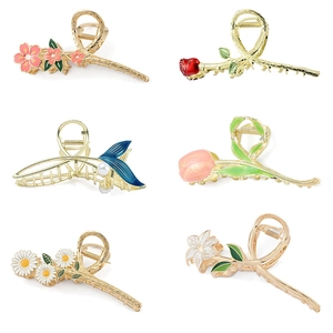 6-piece gold flower hair claw set with enamel floral designs and elegant pearls