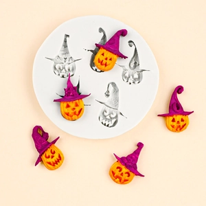 Runde Silikonform mit Kürbis-Hexenhut-Motiven für Halloween Schokolade und Fondant