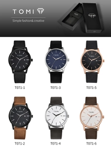 Six colors of TOMI leather quartz watches showing date display and gift packaging