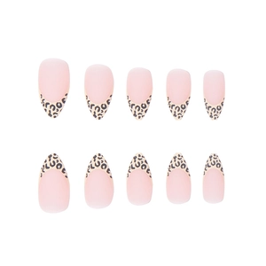 French leopard print press-on nails set with almond shape in matte pink finish