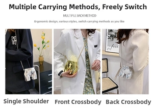 Close-up of artistic torso-shaped mini crossbody bags in shiny silver and gold metallic finish