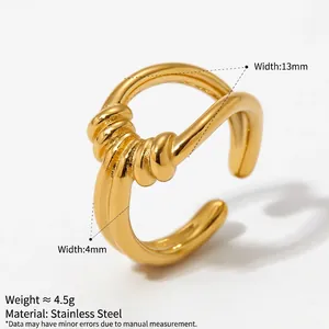 Gold stainless steel open ring with knot design, 4.5g weight and 13mm width detail
