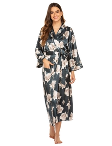 Detail view of floral print satin robe with long sleeves and tie waist closure