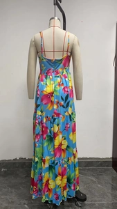 Detail of bohemian sky blue floral maxi dress featuring adjustable straps and back zipper