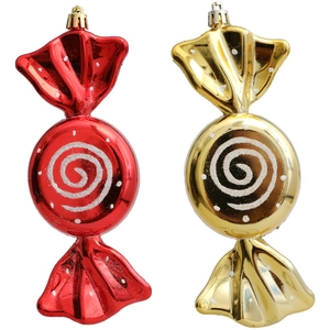 Decorative red and gold candy-shaped Christmas tree ornaments with metallic plated finish
