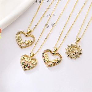 Heart Pendant Necklace Copper Colorful Zircon Mom Love Letter Fashion Jewelry Gift For Women