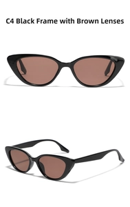 Detailed close-up of C4 retro cat-eye sunglasses with black frames and brown lenses