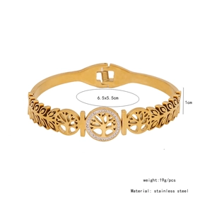 Detailed specs of Tree of Life gold stainless steel bracelet with cutout leaves