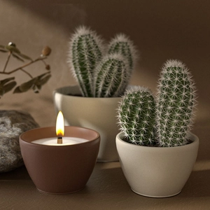Scented candle in brown ceramic jar with wood wick lit in a cozy lifestyle setting