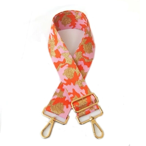 Adjustable pink and orange camouflage embroidered handbag strap with gold metal hooks