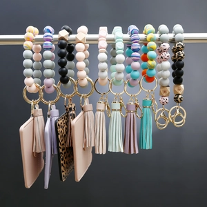 Silicone Bead Wristlet Keychain With PU Leather Card Holder Wallet Tassel Key Ring For Women Fashion Hand-Free Travel