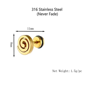 Golden 316 stainless steel spiral earrings for men in a trendy geometric circle design