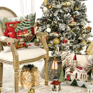 Set of two Christmas nutcracker pillow covers with red truck and snowy church patterns