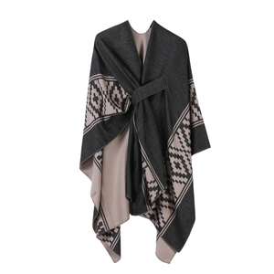 Wende-Strickponcho in Dunkelgrau und Beige mit geometrischem Streifenmuster-Design