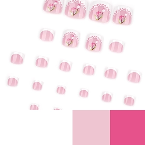 French tip press-on toenails with pink tulip floral designs and lace patterns