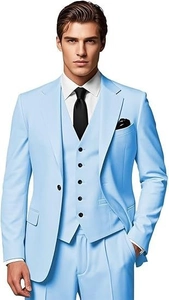 Light blue slim fit three-piece business suit with jacket, vest, and trousers detail
