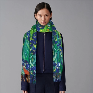 French Van Gogh Iris oil painting style cashmere-like winter scarf with fringe details