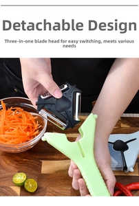 Macro detail of a 3-in-1 multifunctional fruit peeler with detachable stainless steel blades