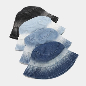 Washed Denim Bucket Hat Cotton Wide Brim Sun Protection Flat Top Gradient Vintage Style Unisex Casual